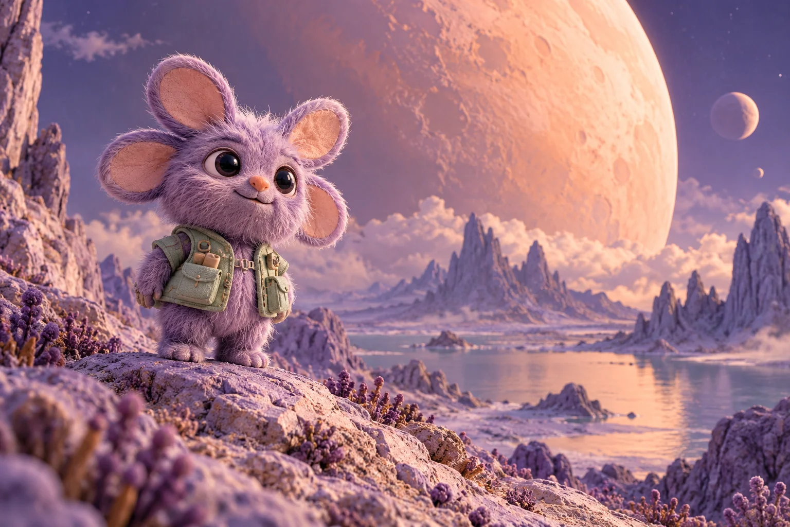 A friendly four-eared lilac creature exploring a lavender moon under a peach planet