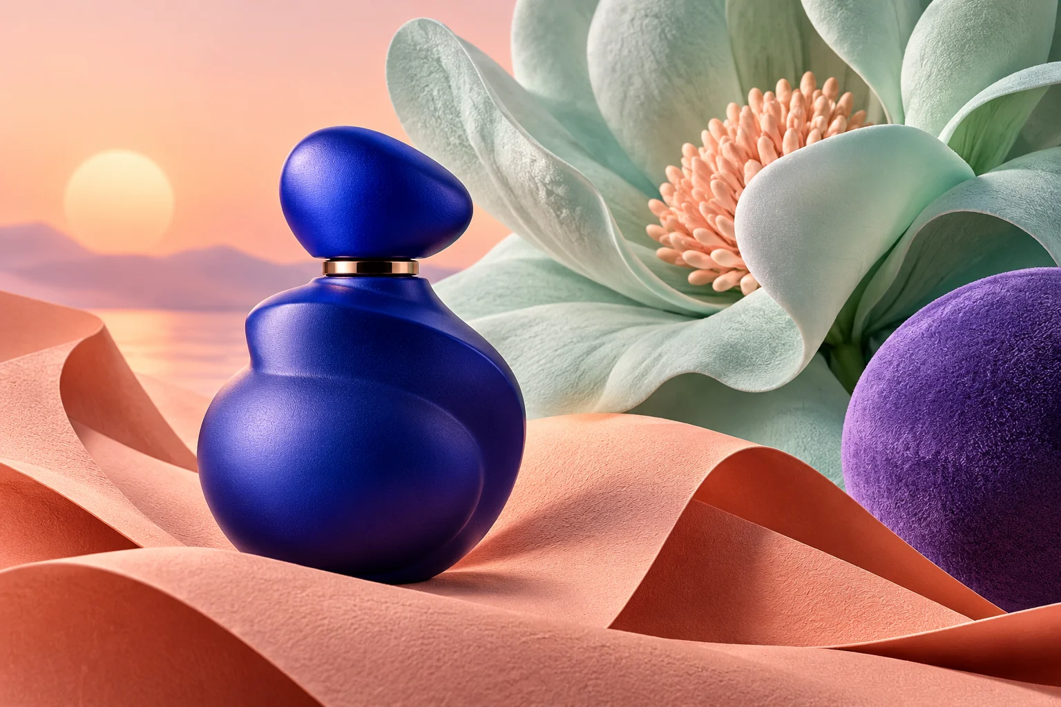 Cobalt perfume bottle in a peach landscape beside a sculptural mint flower