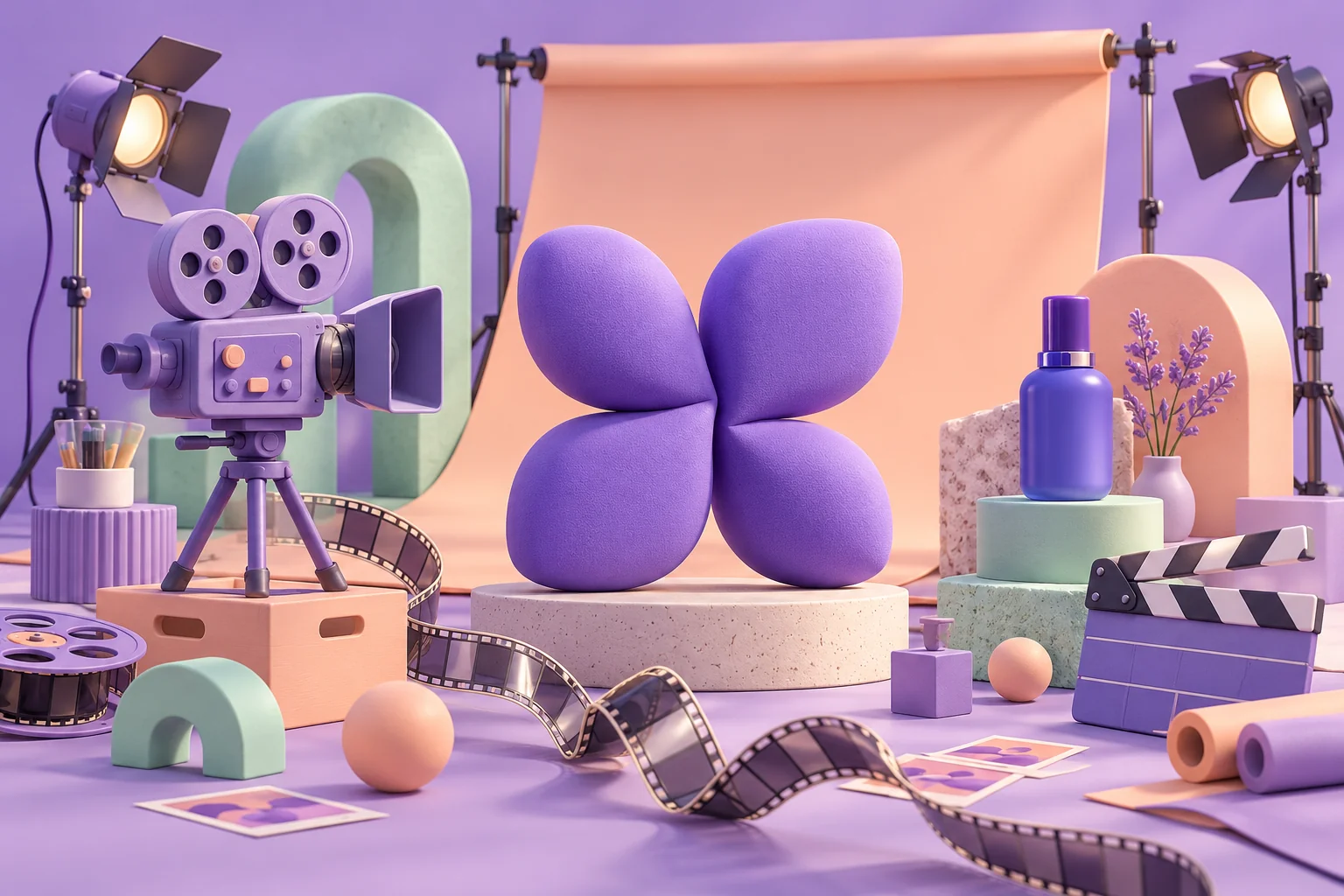 A tactile miniature creative studio with Fourtret’s four-petal sculpture, a film camera and a product photography set